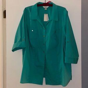 Teal Christopher Banks blouse with adjustable length sleeves
